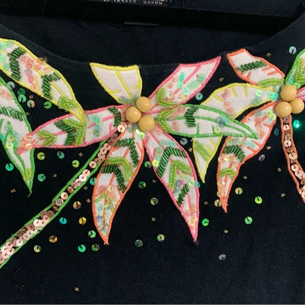 Berek designed by Takako Sakon Vintage Flamingo Beaded Sequins Tropical Top XL - Picture 3 of 11